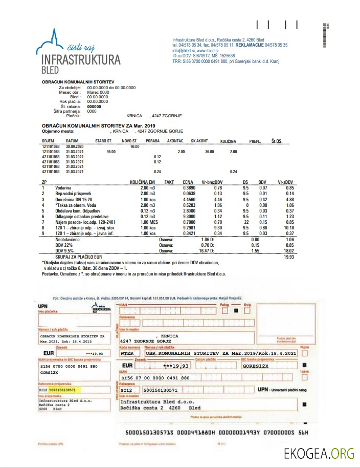 Slovenia Infrastruktura Bled utility bill template in Word and PDF format (.doc and .pdf)